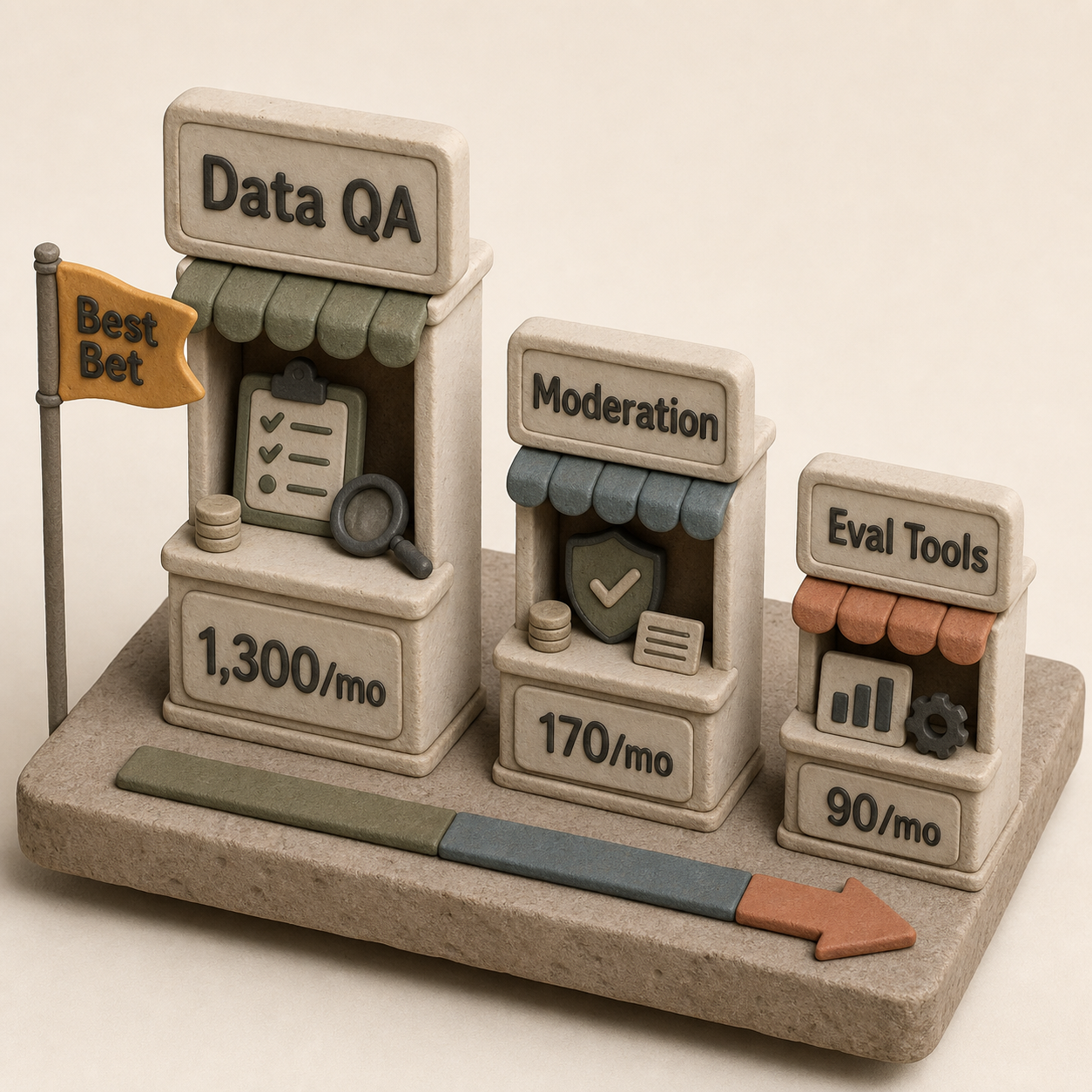 Three clay product stations comparing monthly search demand for data QA, moderation, and evaluation tools
