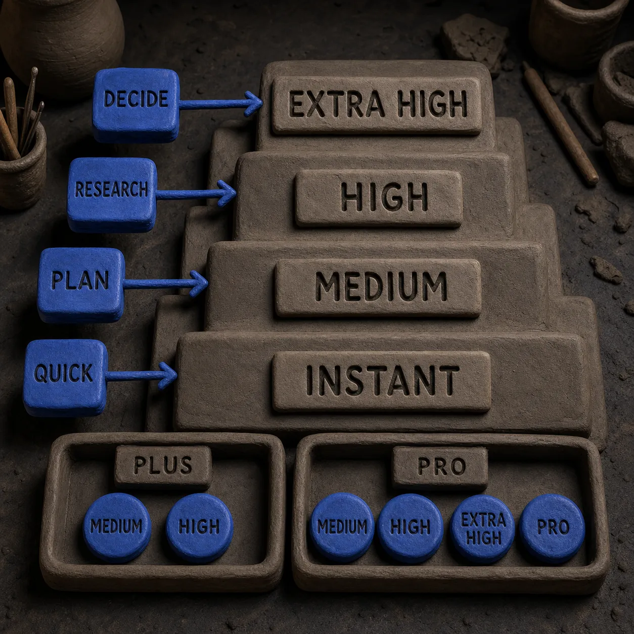 Una escalera de razonamiento hecha de arcilla relaciona Instant, Medium, High y Extra High con tareas cada vez más complejas