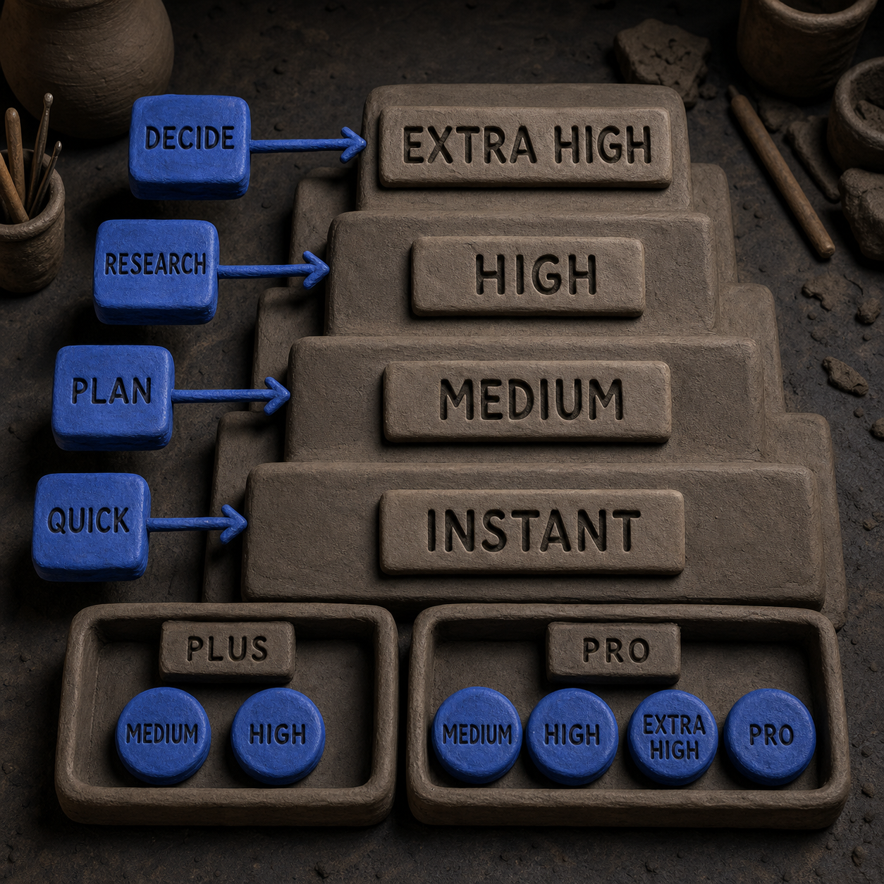A clay reasoning ladder maps Instant, Medium, High, and Extra High to increasingly complex tasks