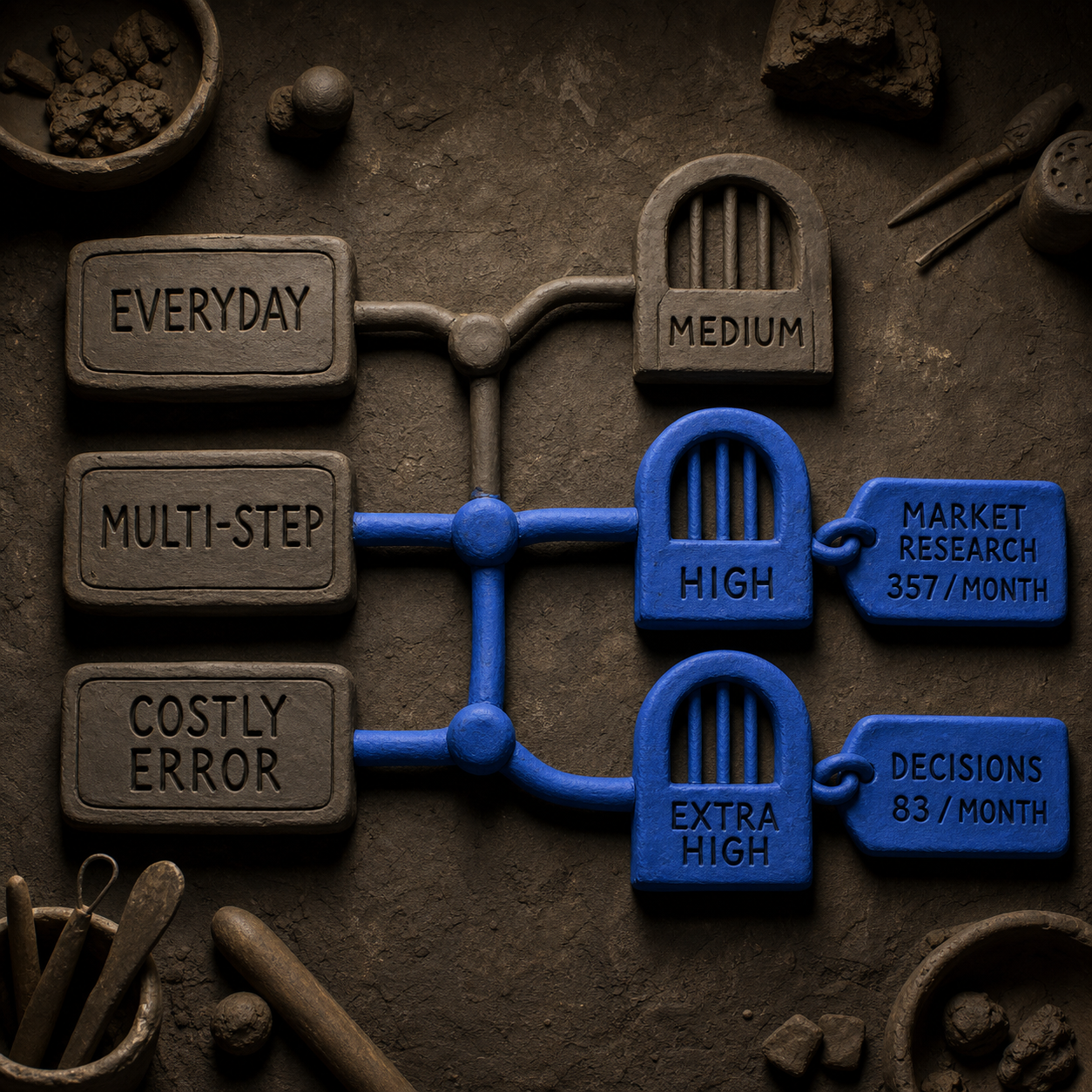 A clay decision tree routes everyday, multi-step, and high-consequence tasks to Medium, High, or Extra High