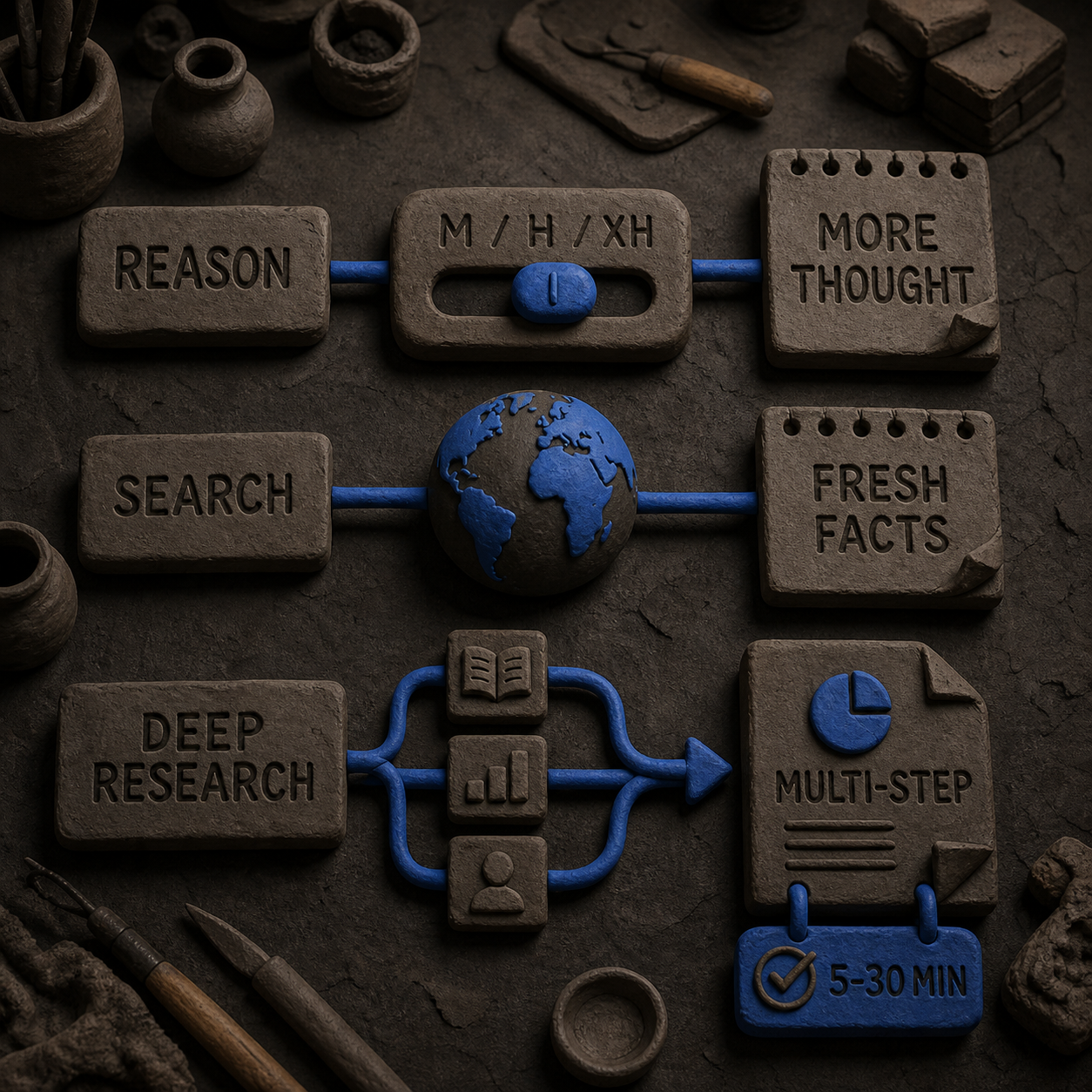 Three clay work lanes compare reasoning effort, web search, and deep research