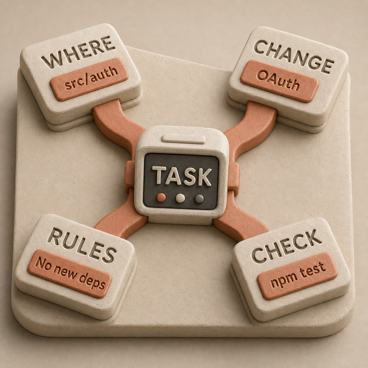 Clay prompt anatomy showing where, change, rules, and check as four inputs to a Claude Code task