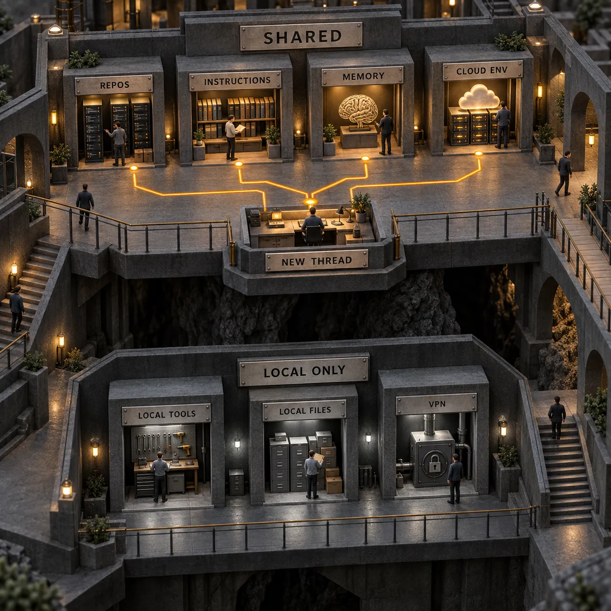 Architectural comparison of context shared with Claude Code project threads and tools that remain local