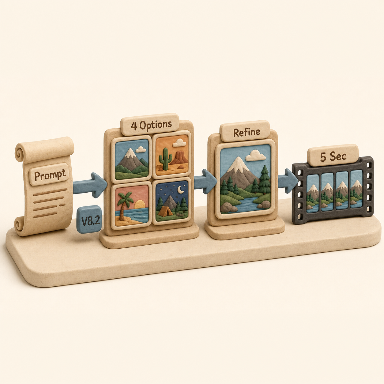 Four-stage Midjourney workflow from prompt to options, refinement, and motion