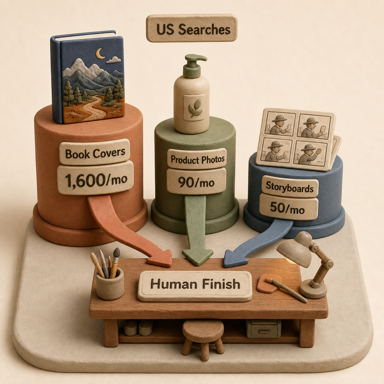 Opportunity comparison showing monthly searches for AI book covers, product photos, and script storyboards