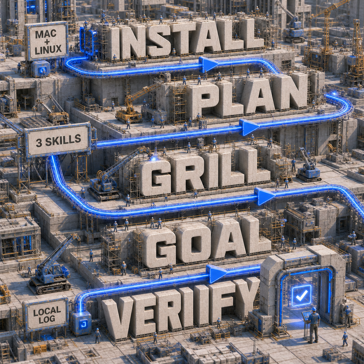 Five-stage Muse Code workflow from install through plan, grill, goal, and human verification