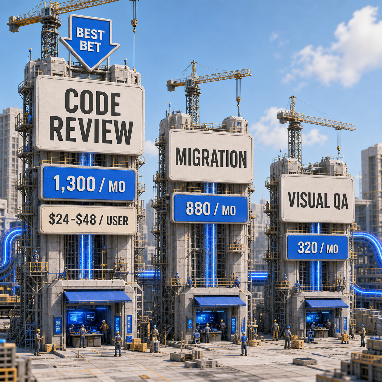 Market opportunity infographic comparing AI code review, legacy modernization services, and visual regression testing by monthly search demand