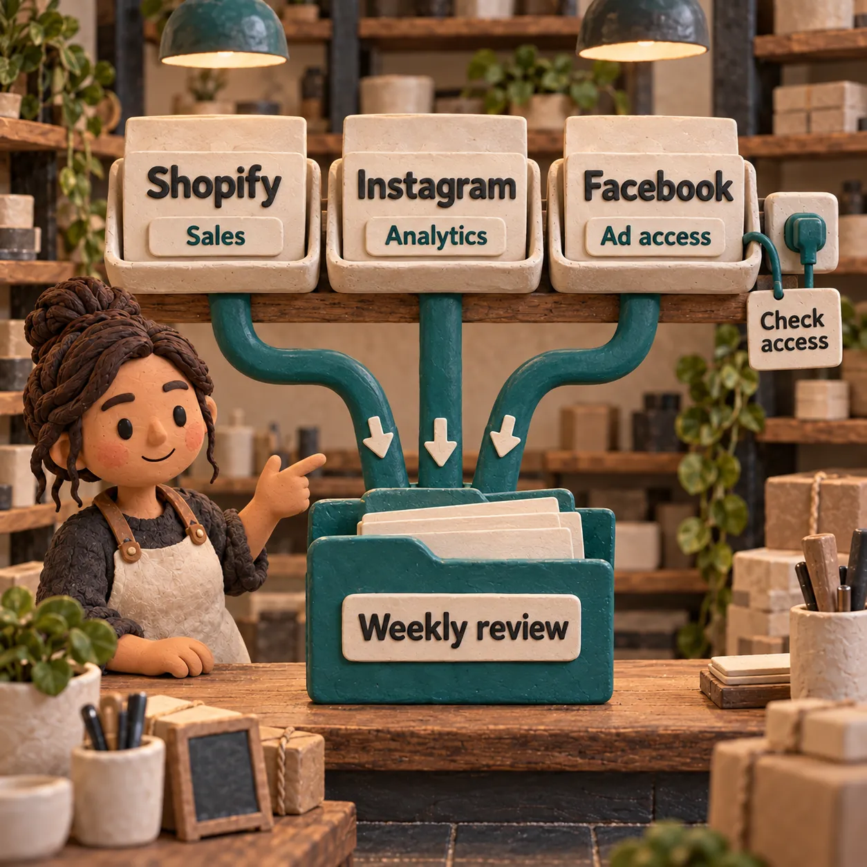Three clay source trays labeled Shopify, Instagram and Facebook feed a weekly review, with ad access marked separately.