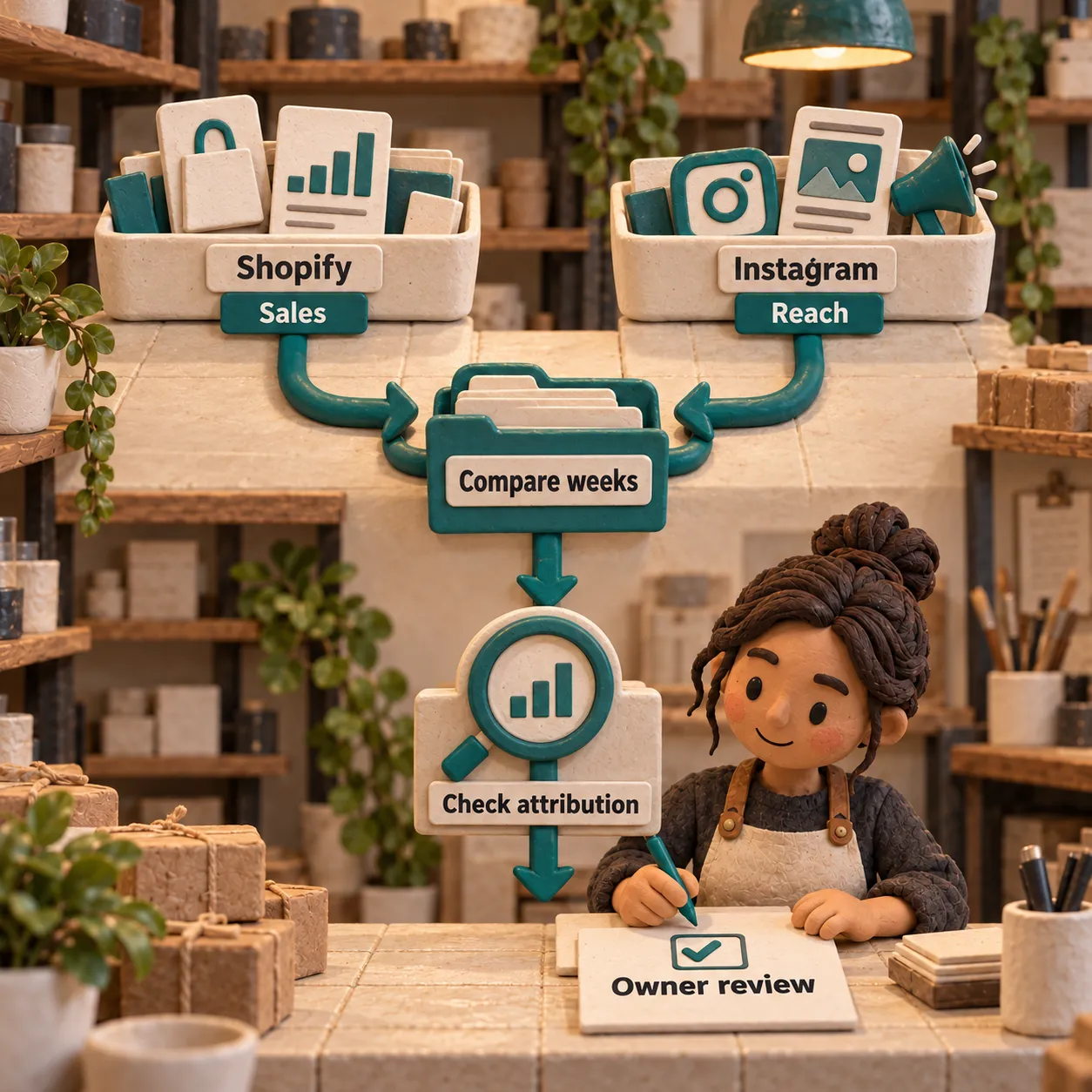 Shopify Sales and Instagram Reach feed Compare weeks, then Check attribution and Owner review in a clay shop workspace.