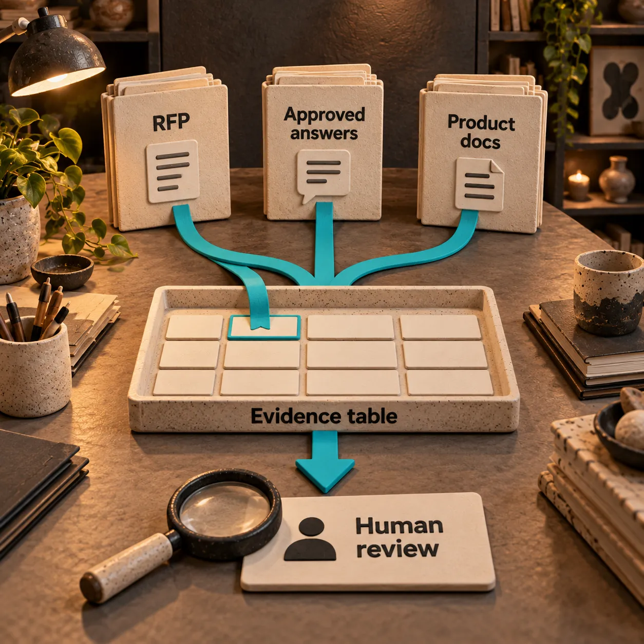 Le dossier d’appel d’offres, les réponses validées et la documentation produit alimentent un tableau de preuves, ensuite soumis à une vérification humaine.