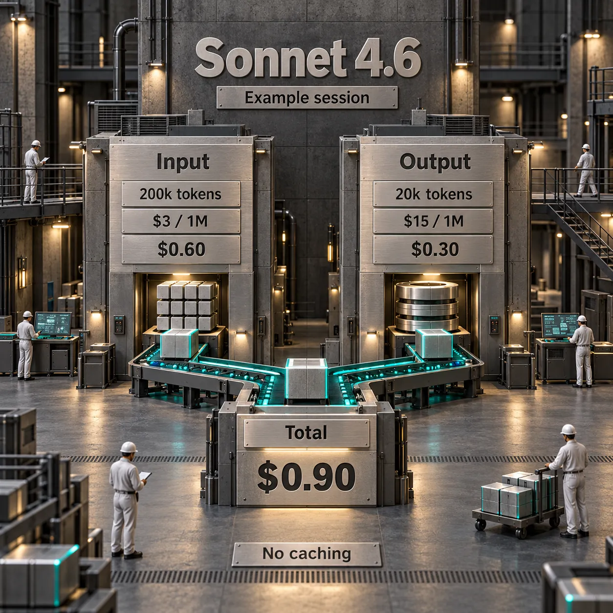 Sonnet 4.6セッションの試算。入力200kトークンは100万トークンあたり$3で$0.60、出力20kトークンは100万トークンあたり$15で$0.30。キャッシュなしの合計は$0.90。