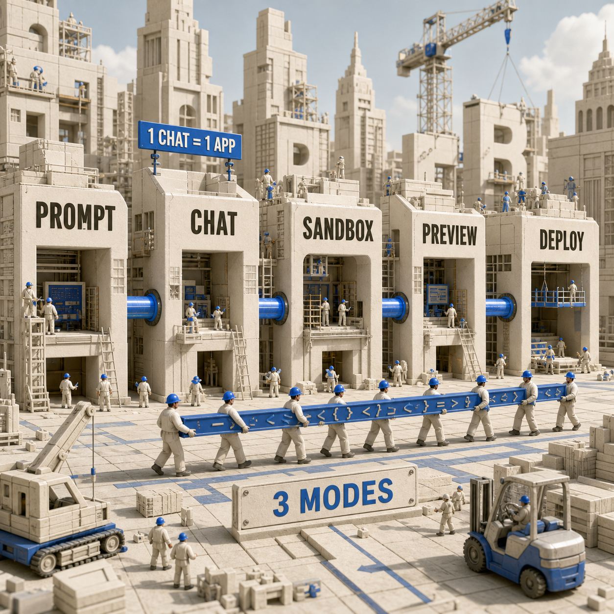 Five-stage v0 API flow from prompt through chat and sandbox to preview and deploy