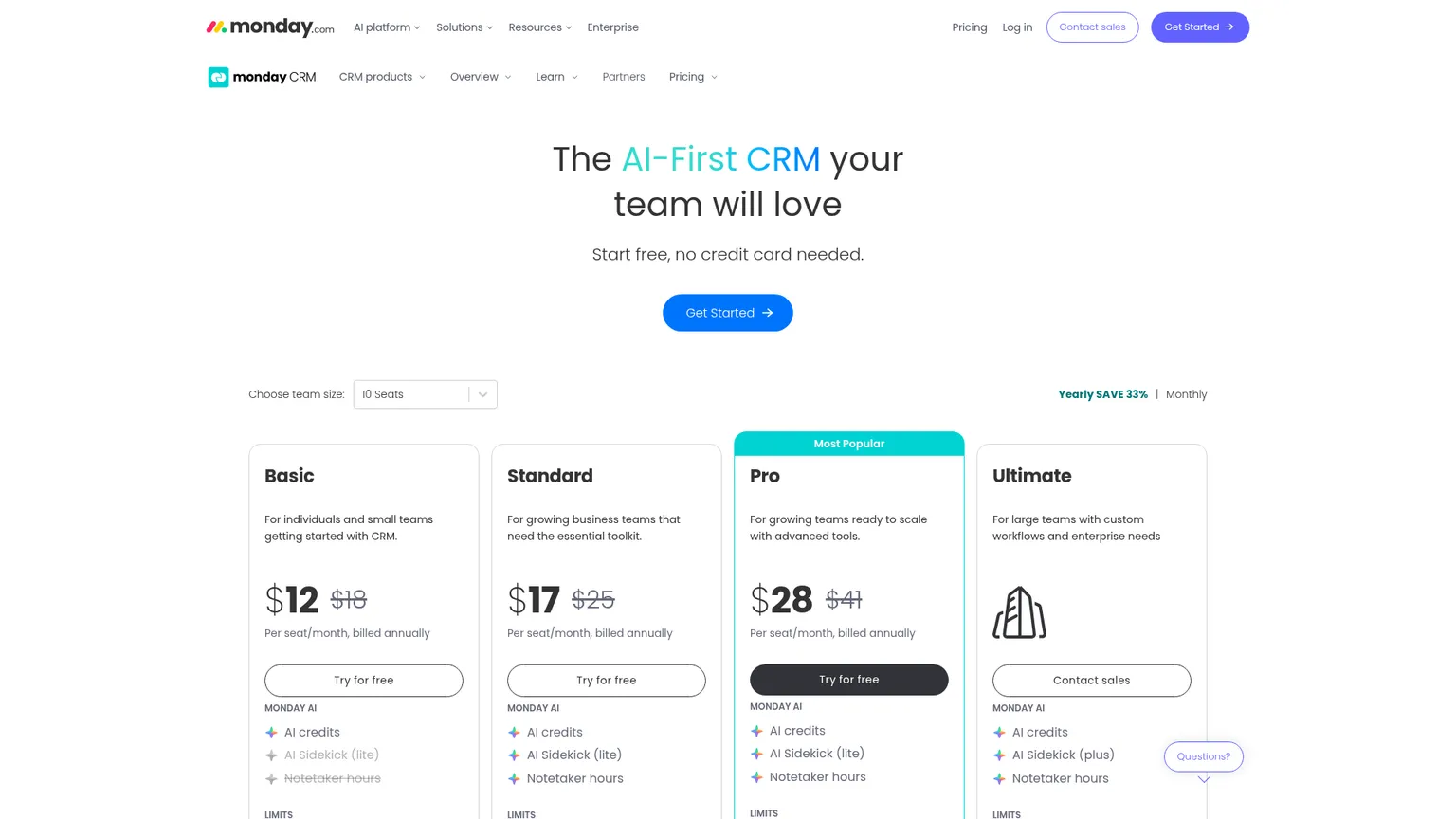 Page tarifaire en ligne de monday CRM avec les offres Basic, Standard, Pro et Ultimate