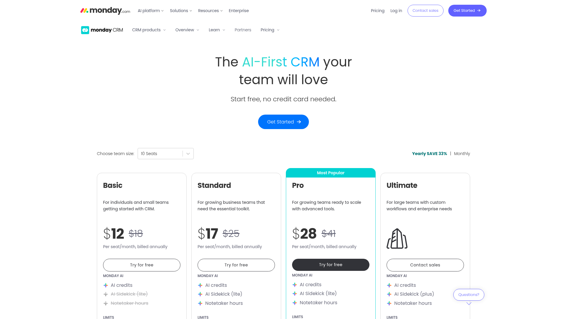 monday CRM live pricing page with Basic, Standard, Pro, and Ultimate