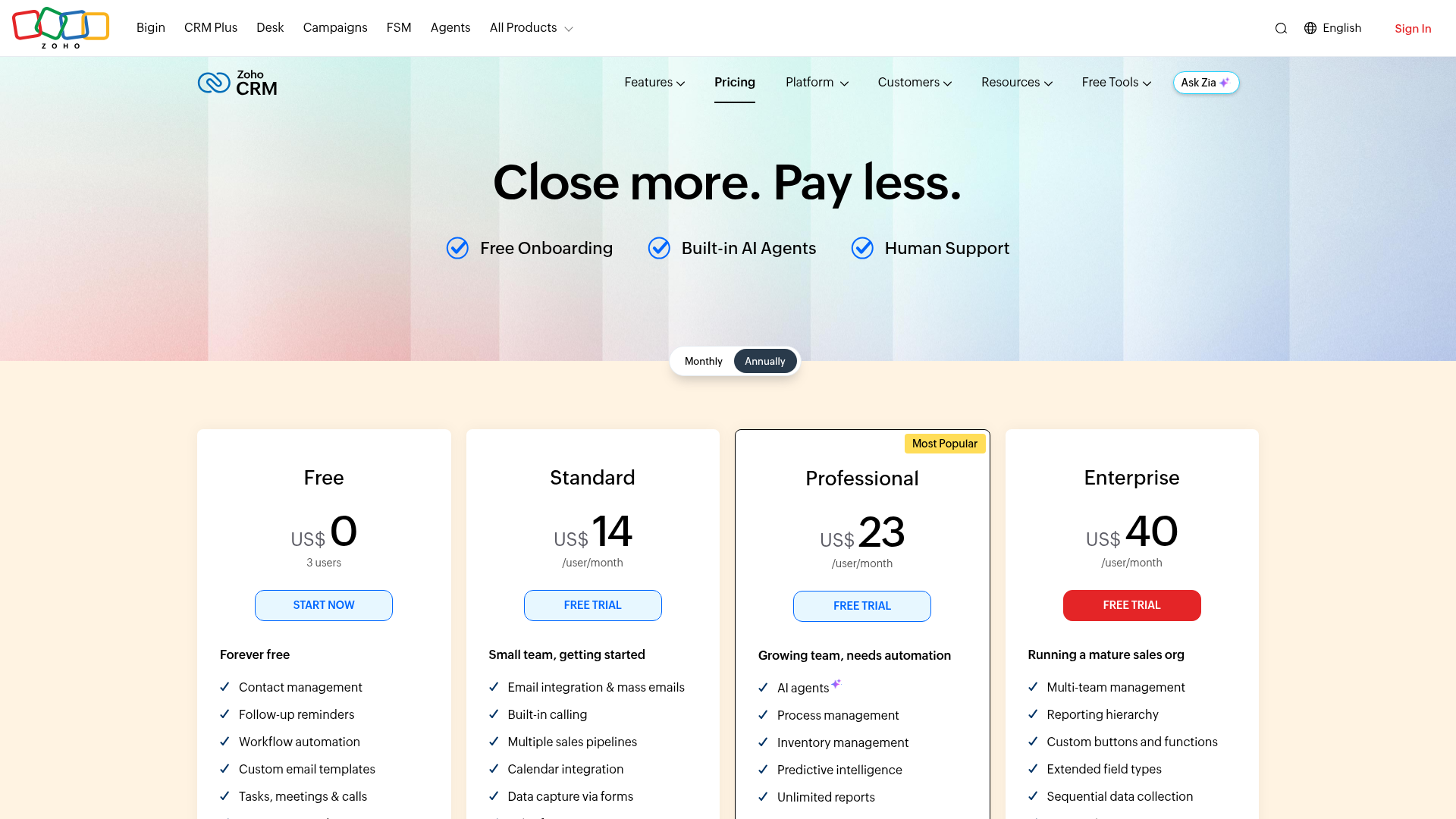 Zoho CRM and CRM Plus live pricing page