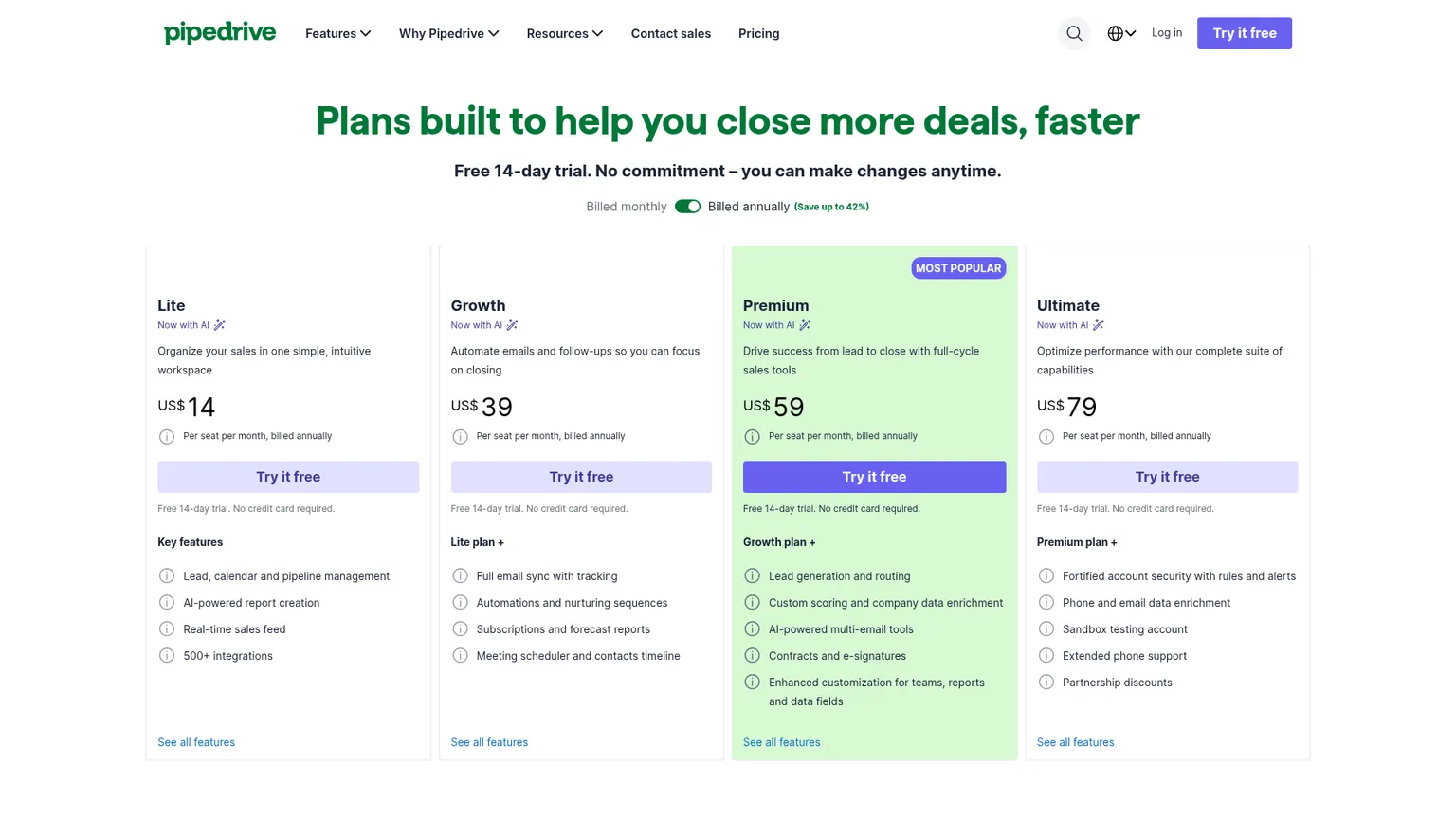 Page tarifaire en ligne de Pipedrive avec les offres Lite, Growth, Premium et Ultimate