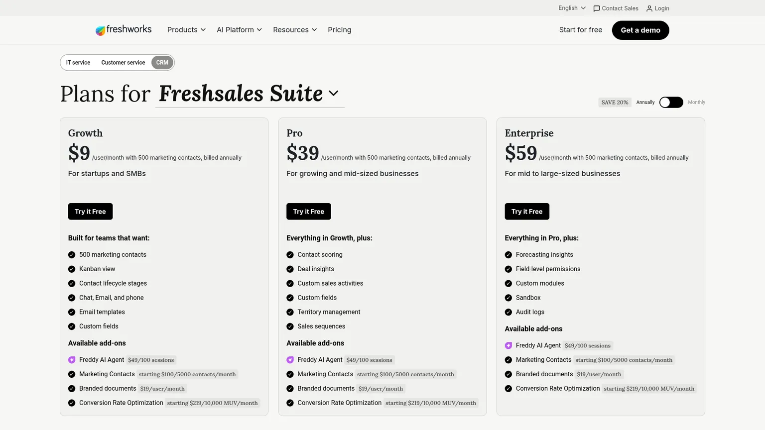 Page tarifaire en ligne de Freshsales Suite avec les offres Growth, Pro et Enterprise