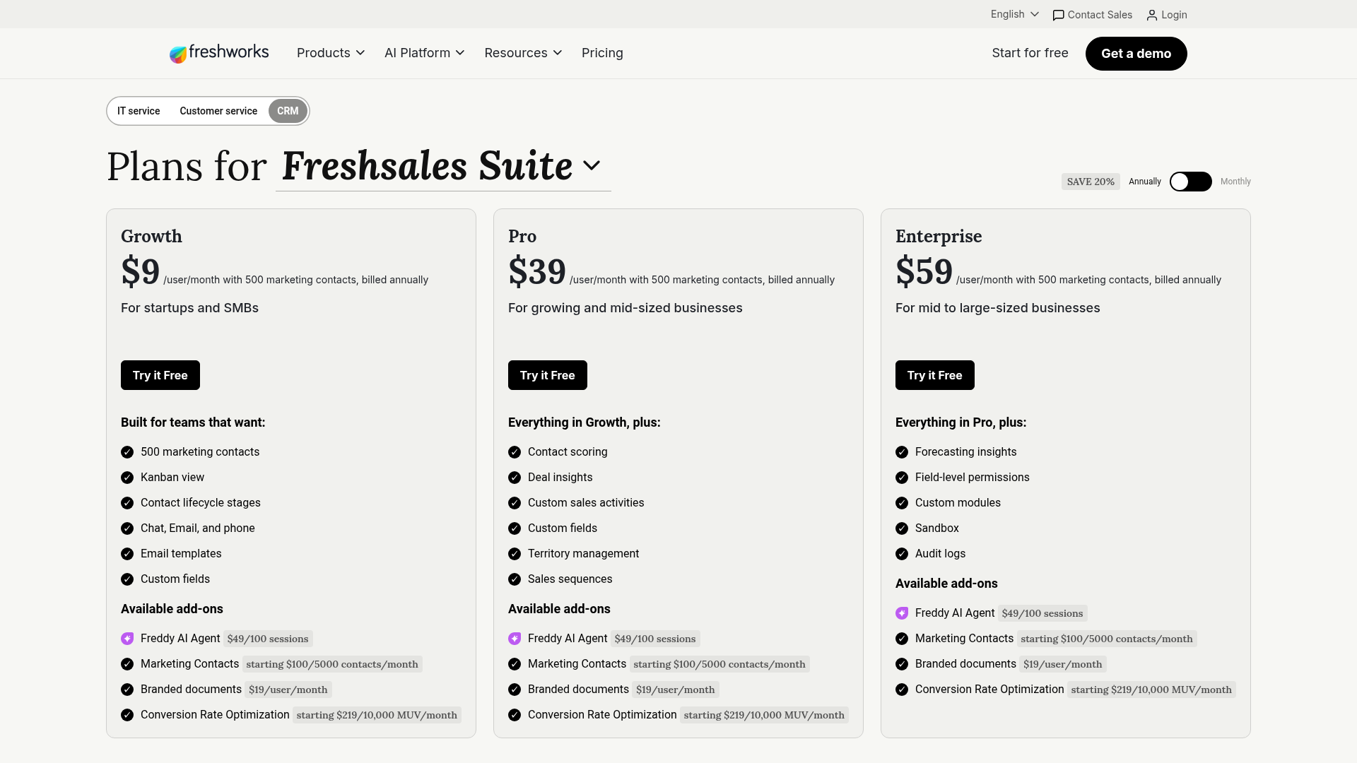 Freshsales Suite live pricing page with Growth, Pro, and Enterprise