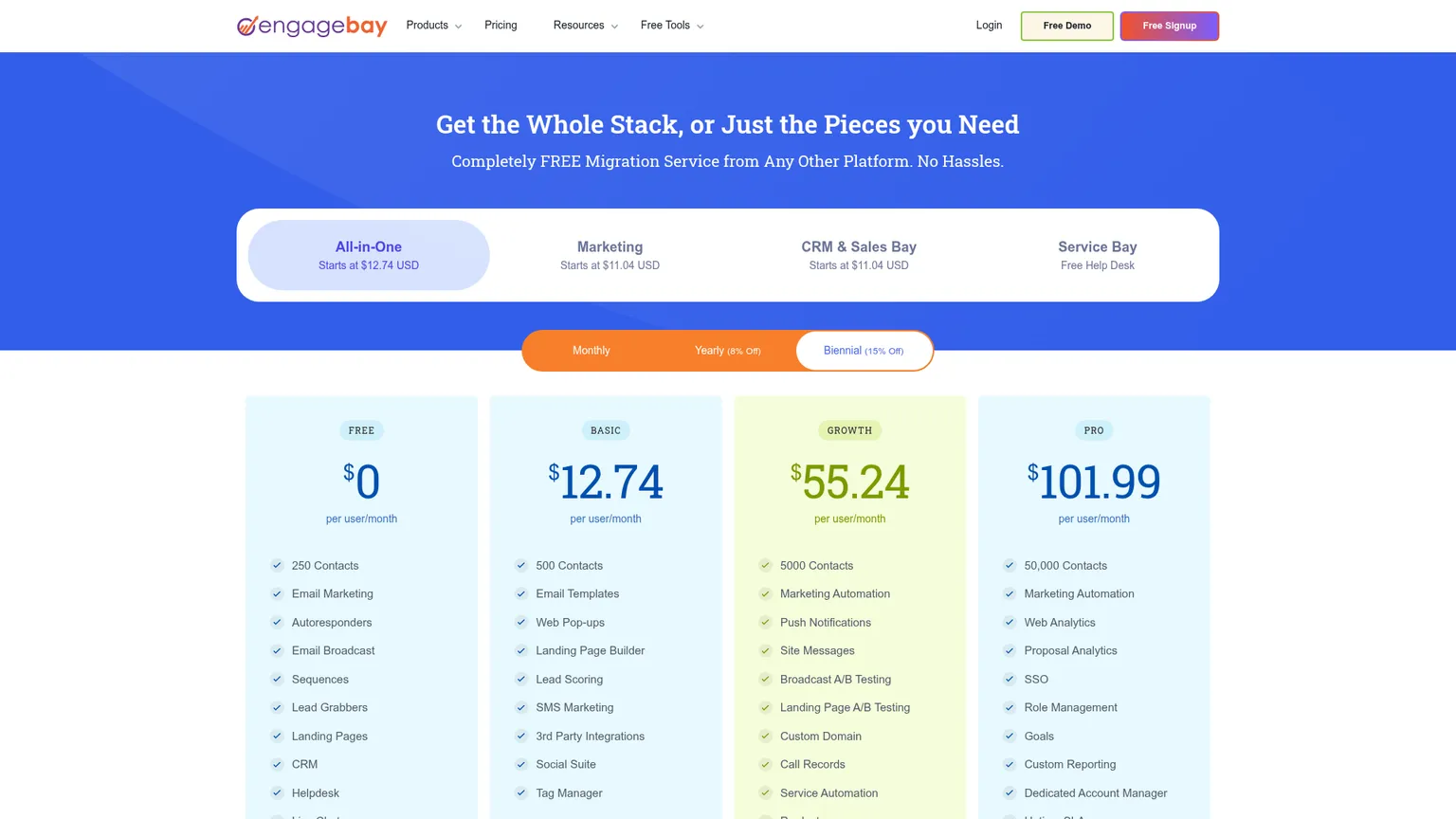 Page tarifaire en ligne d’EngageBay avec les offres Free, Basic, Growth et Pro