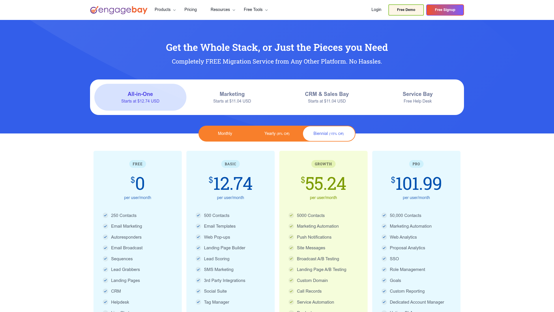 EngageBay live pricing page with Free, Basic, Growth, and Pro
