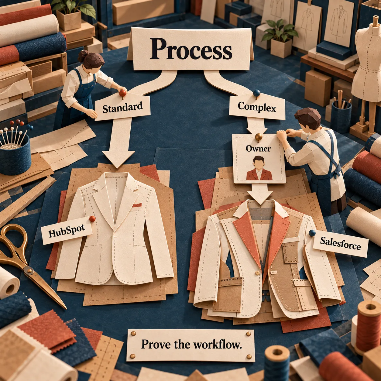Decision flow: standard sales process leads to HubSpot; complex controls require an owner before choosing Salesforce