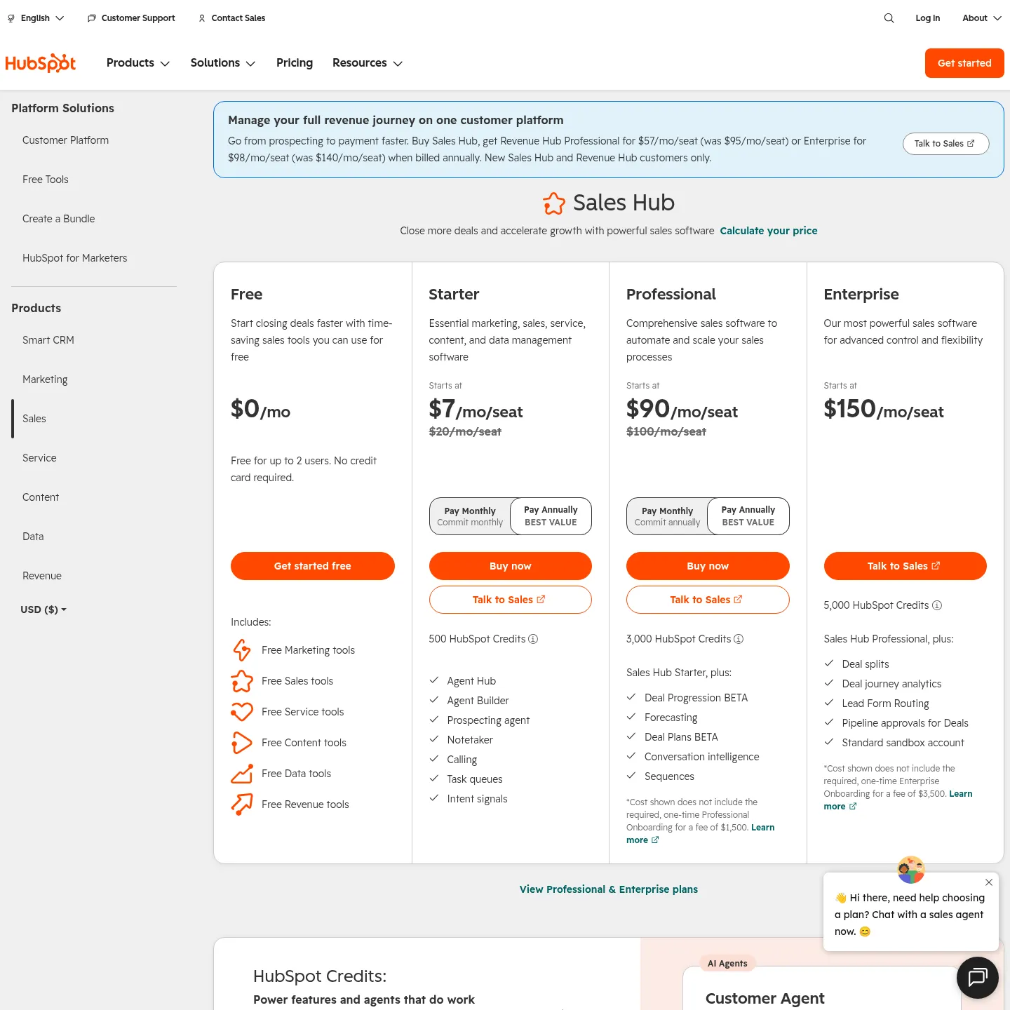 HubSpot Sales Hub pricing cards and edition features