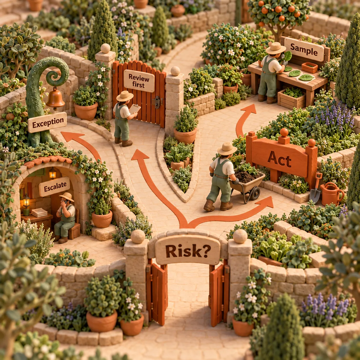 Clay garden paths separate review before action, sampling after action and an exception path to a person