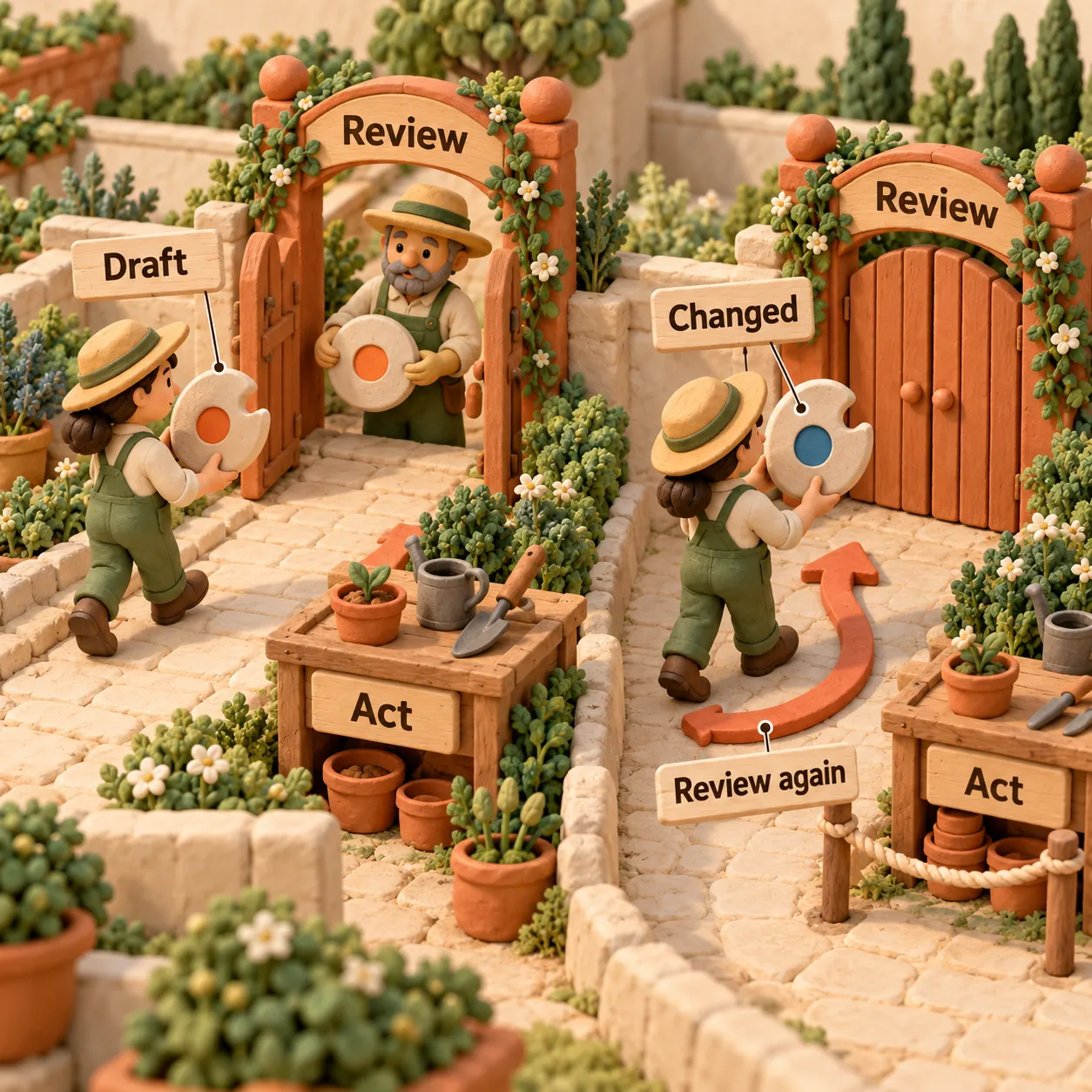 Clay proposal tokens show an approved draft proceeding to action while a changed token returns to review