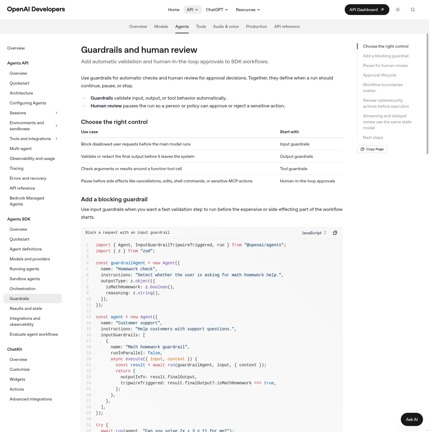 OpenAI documentation showing tool approval interruptions and resumable state