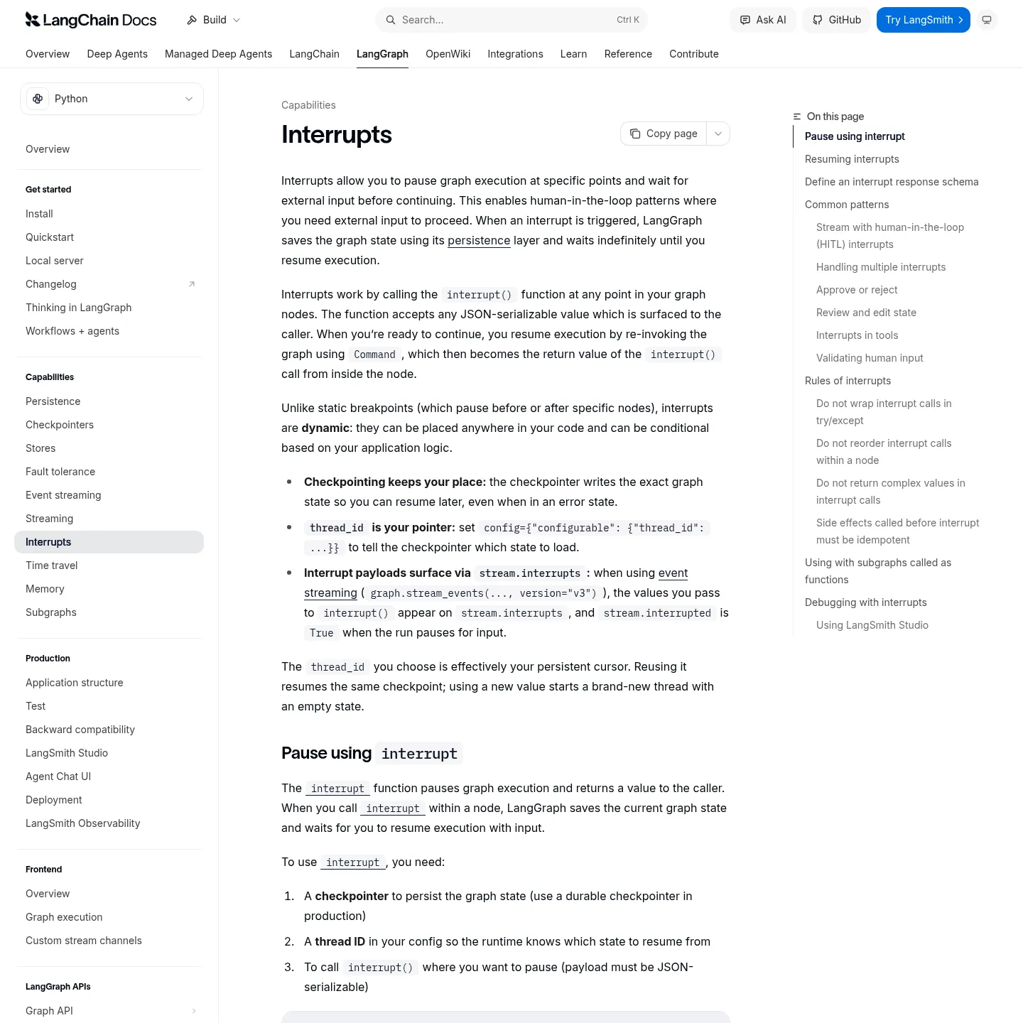 LangGraph documentation explaining interrupts, checkpointing and resume commands