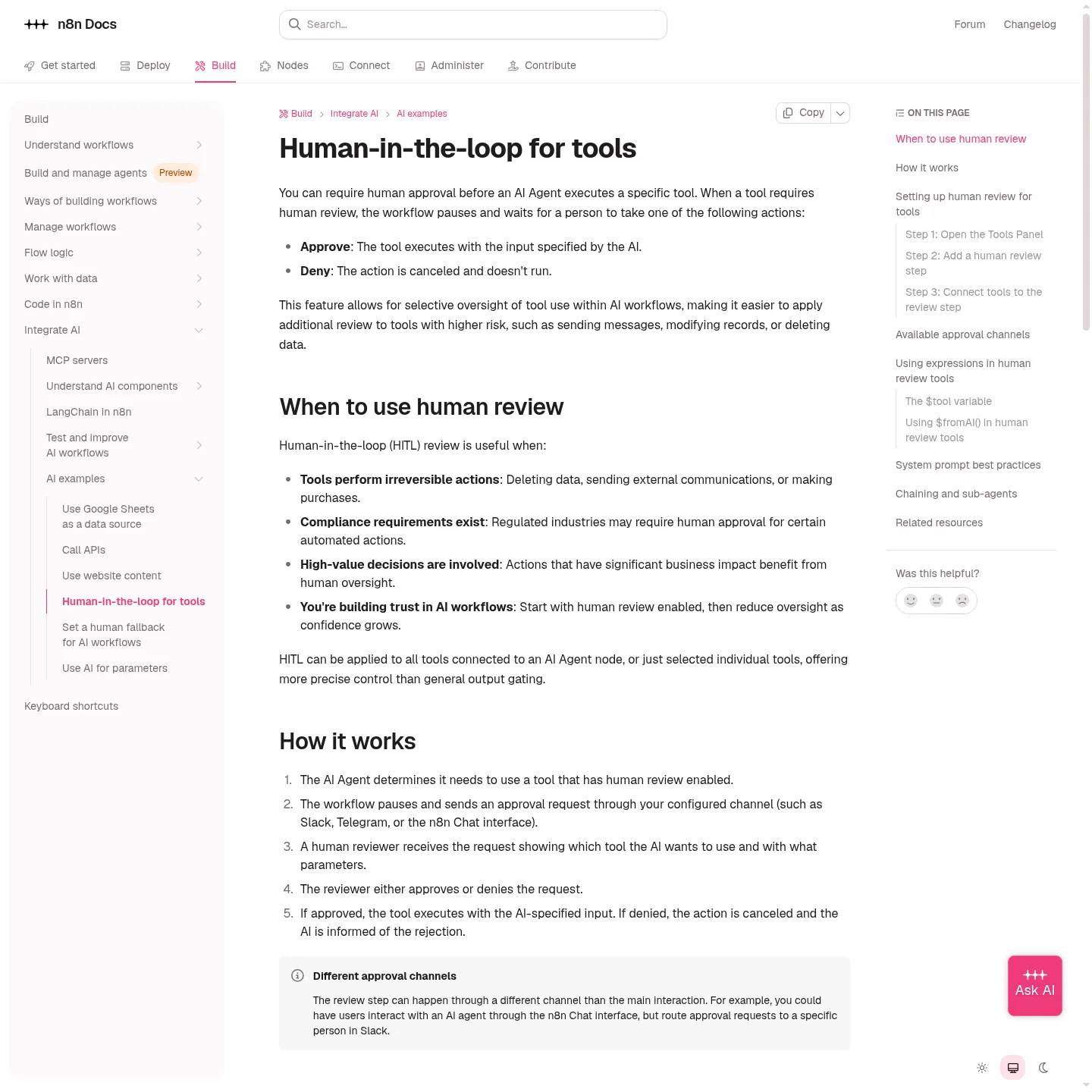 n8n documentation showing the human review setup for AI Agent tools