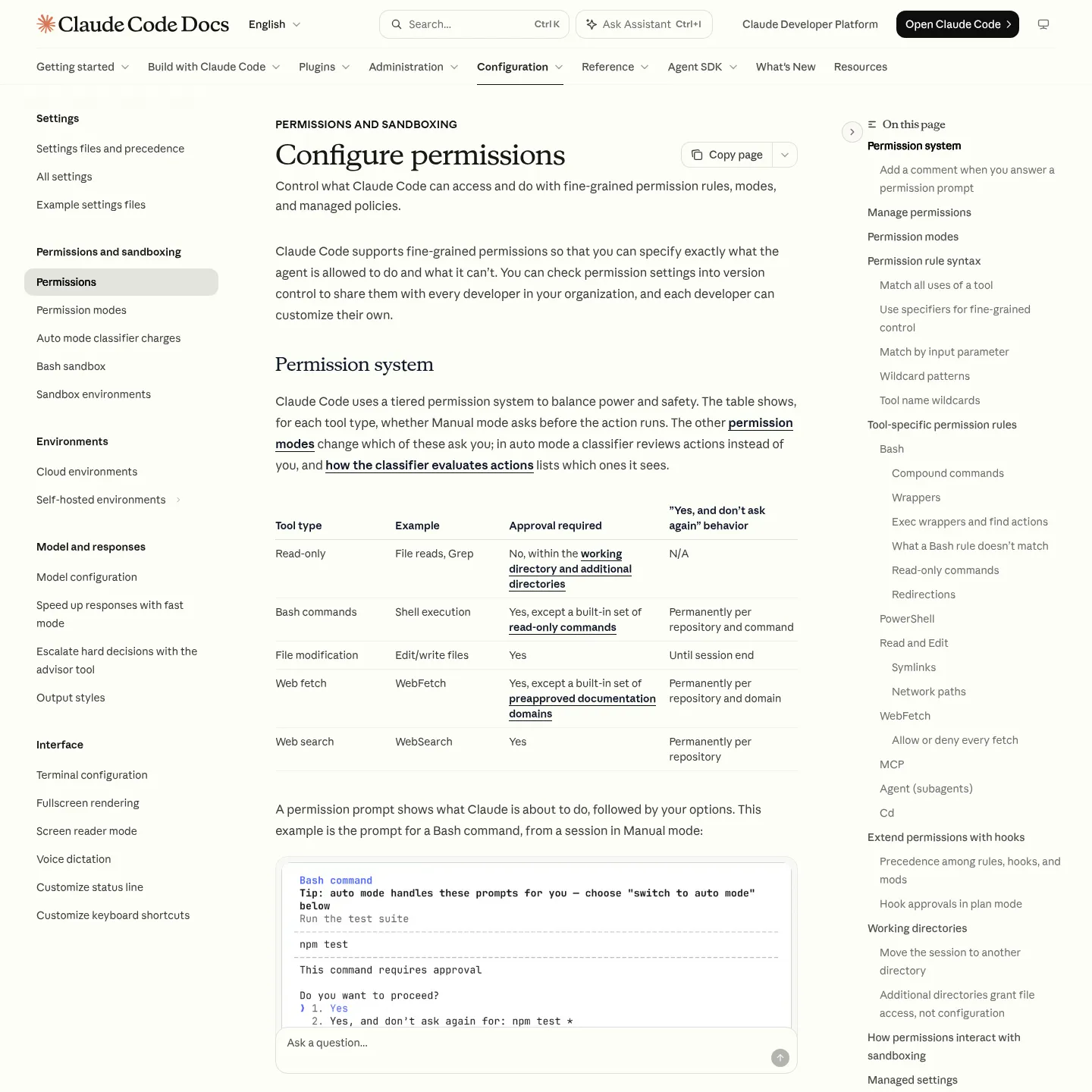 Claude Code documentation describing permission rules and modes