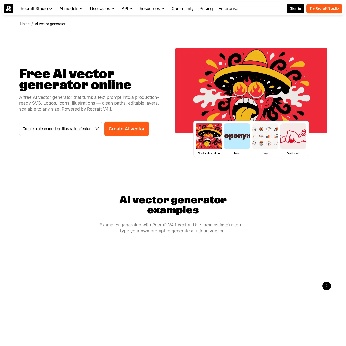 Recraft 矢量生成器页面介绍可编辑的 SVG 输出