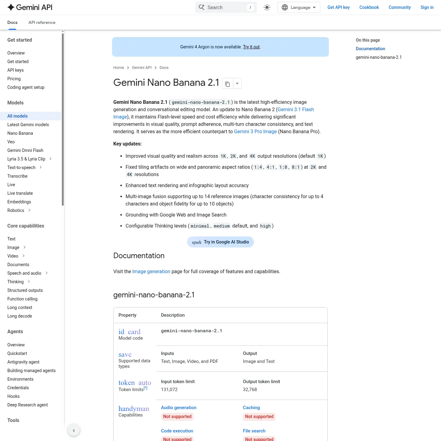 Google 官方 Nano Banana 2.1 模型页面