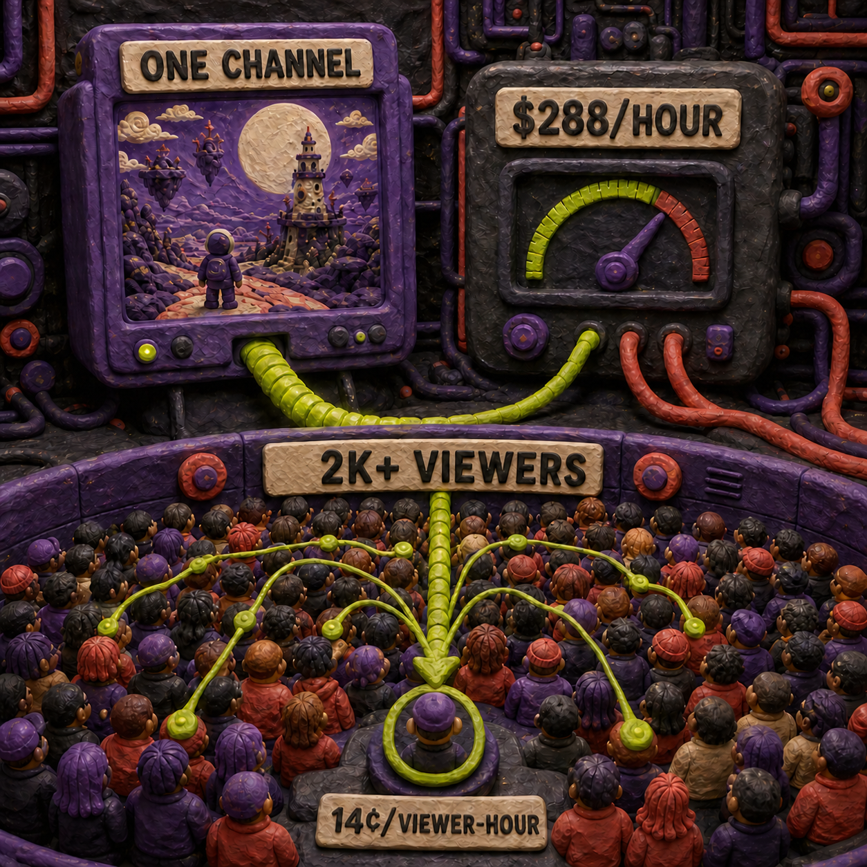 A sculpted cost comparison showing one shared AI channel serving 2,000 viewers for 288 dollars per generated hour