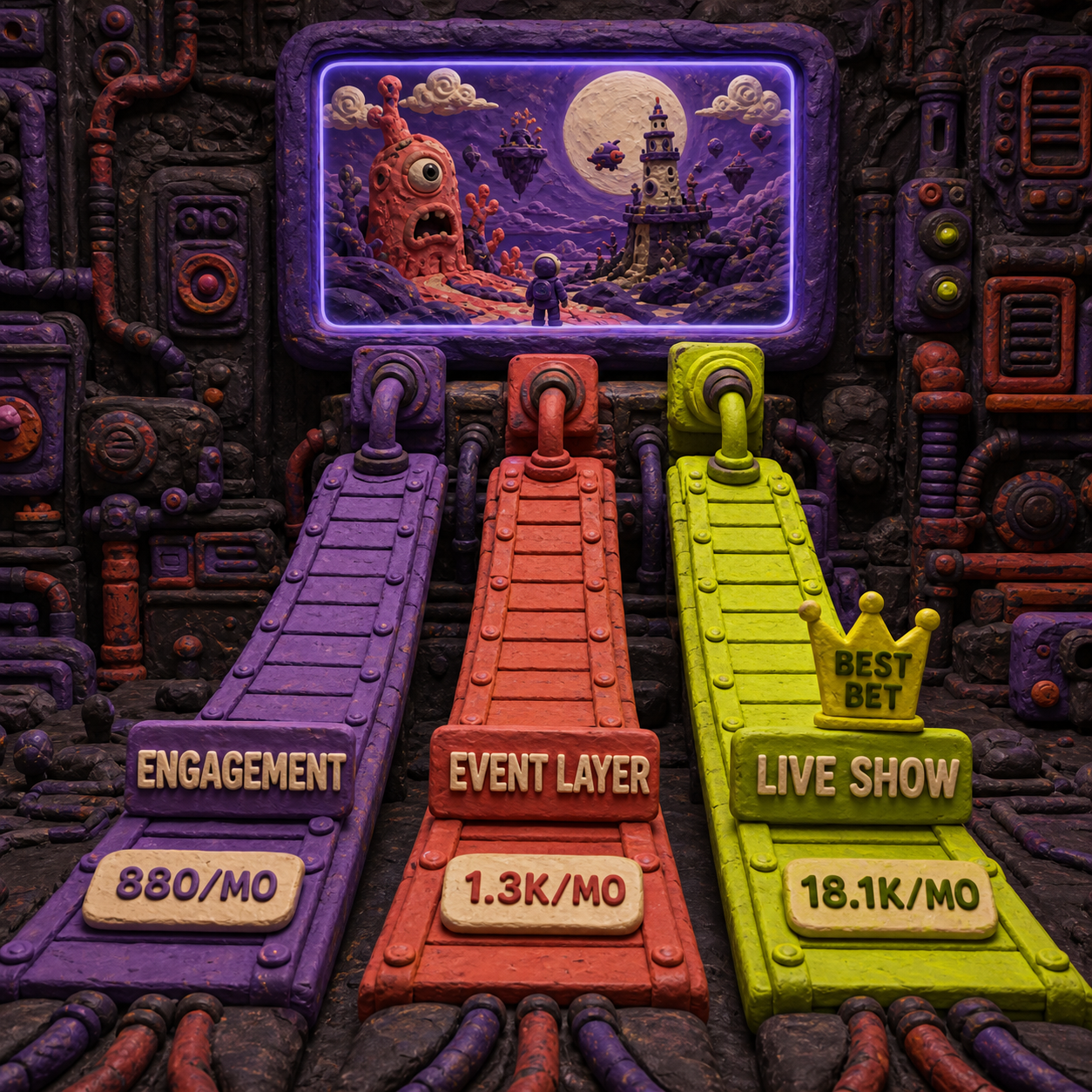 A plasticine opportunity ranking with live show, event layer, and engagement kit lanes labeled with monthly search demand