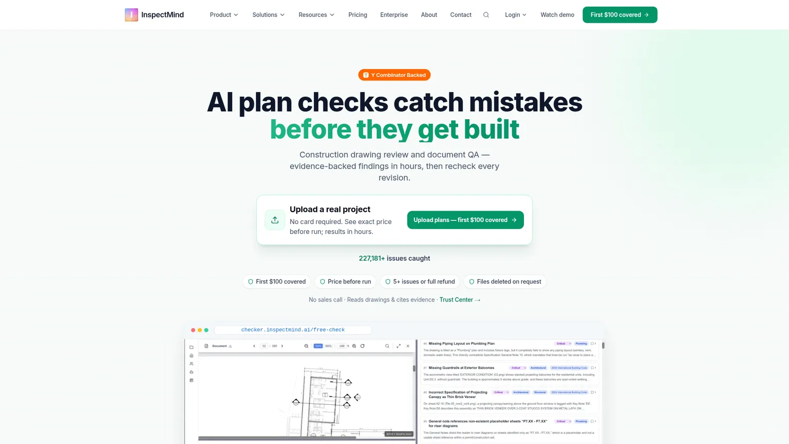 InspectMind AI homepage showing its construction drawing plan-check service