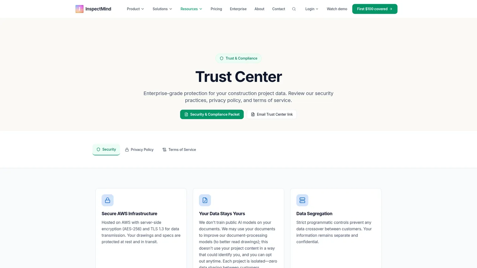 InspectMind Trust Center showing storage, training, access, and deletion terms