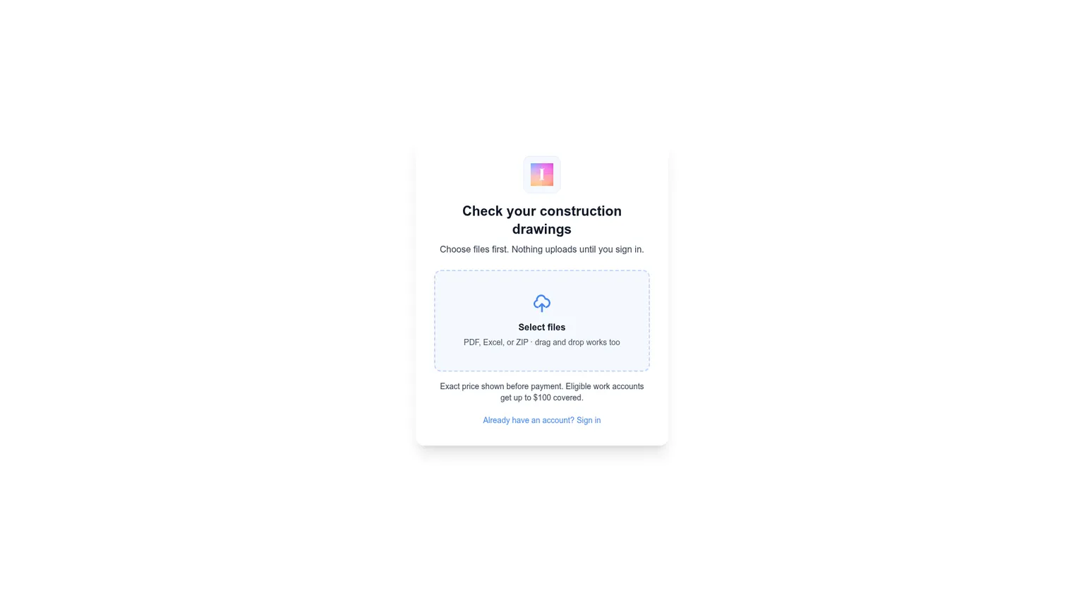 InspectMind public checker asking the user to select construction files before signing in