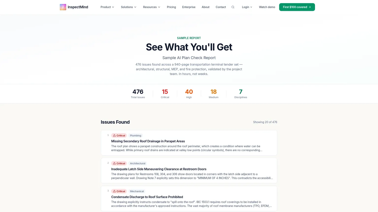 InspectMind public sample report showing issue titles, severities, disciplines, and explanations