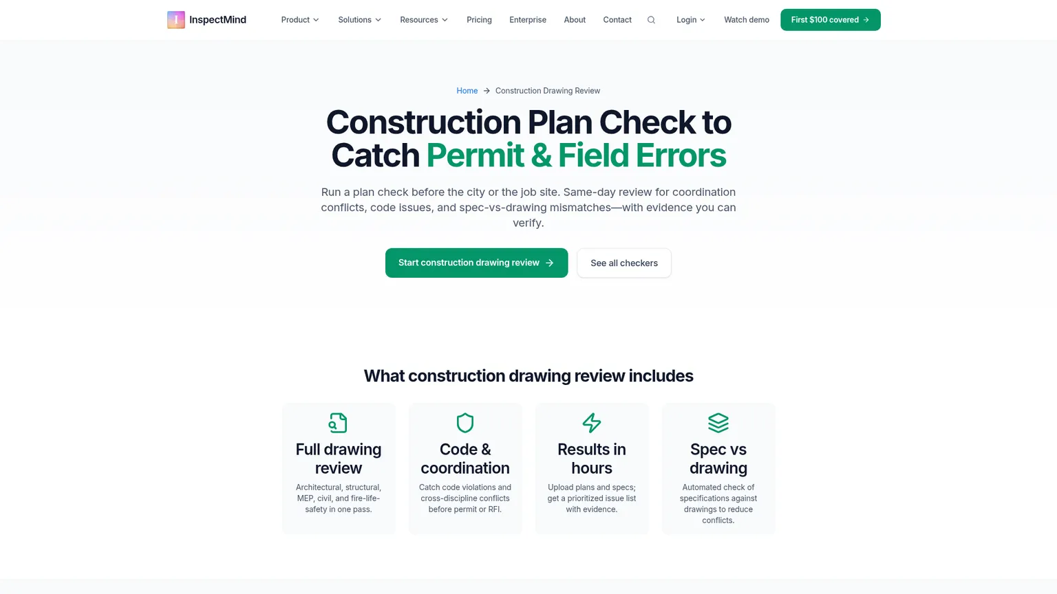 InspectMind construction drawing review page listing disciplines and review categories