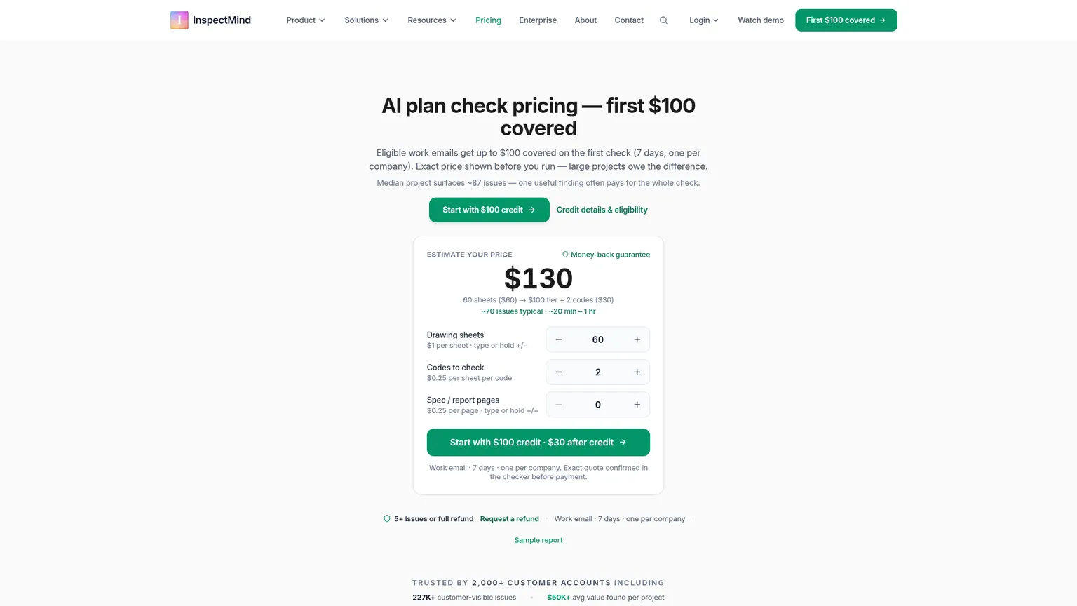 InspectMind pricing page showing per-check sheet tiers and code surcharges