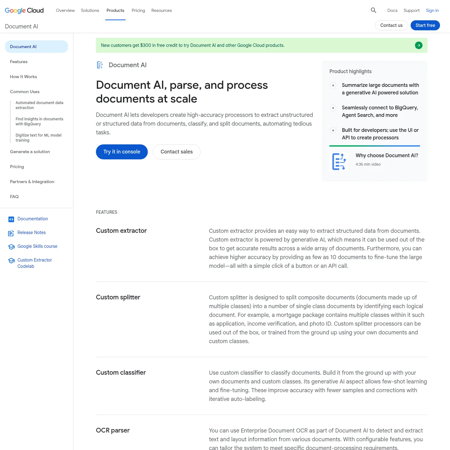 Google Document AI product page describing document-processing capabilities