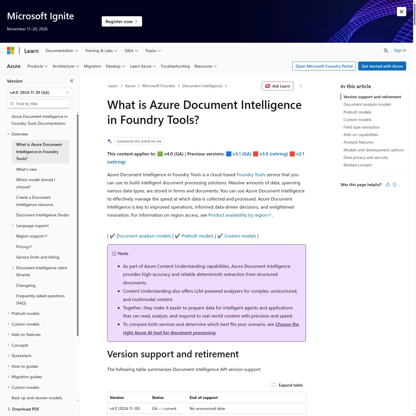 Microsoft Document Intelligence overview showing its extraction models and analysis examples