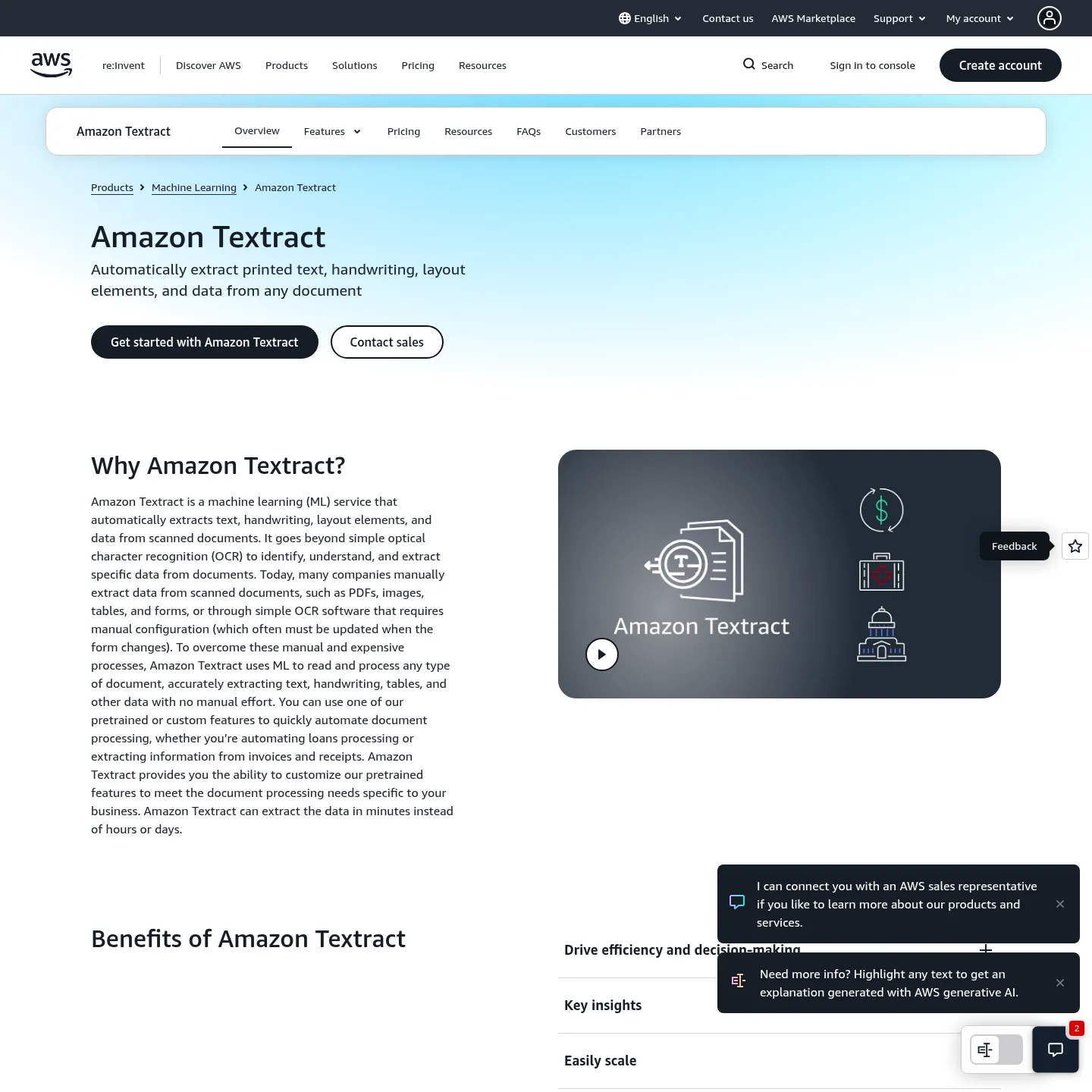 Amazon Textract product page illustrating document data extraction