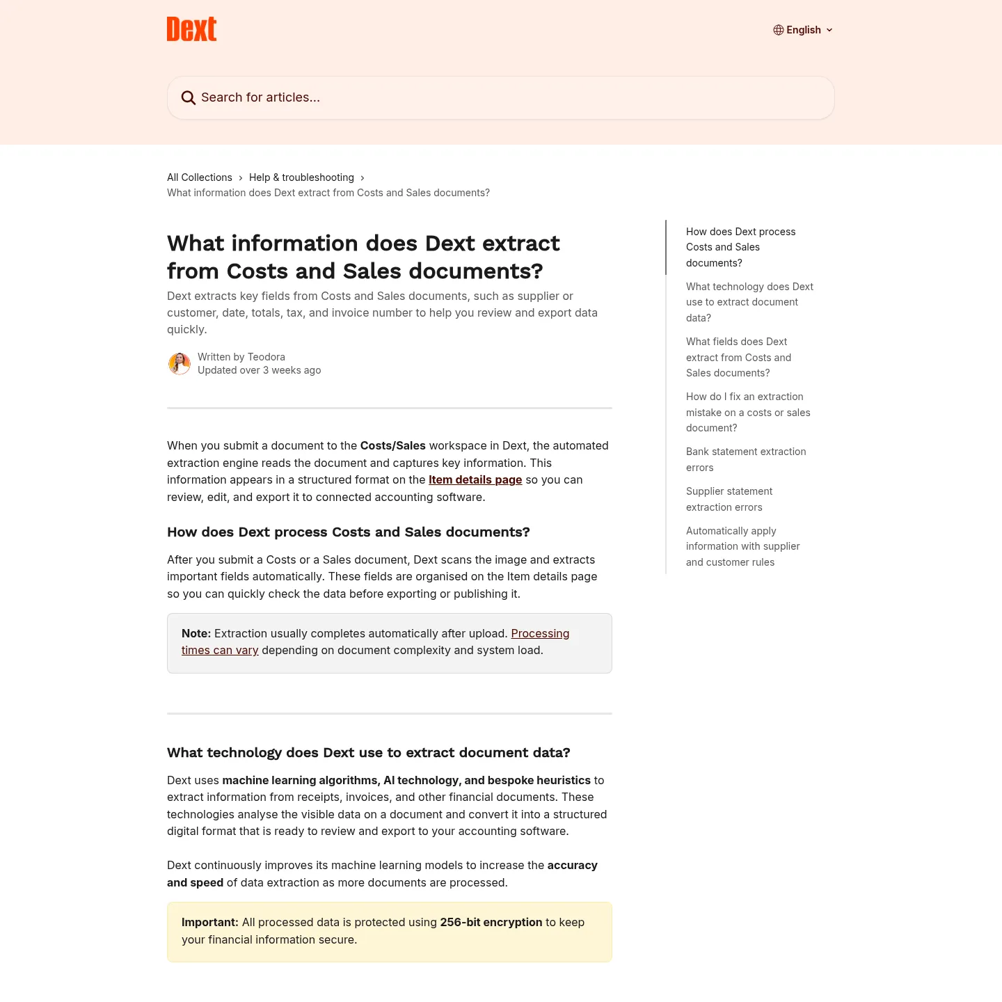 Dext help page explaining extracted bookkeeping fields and the review process