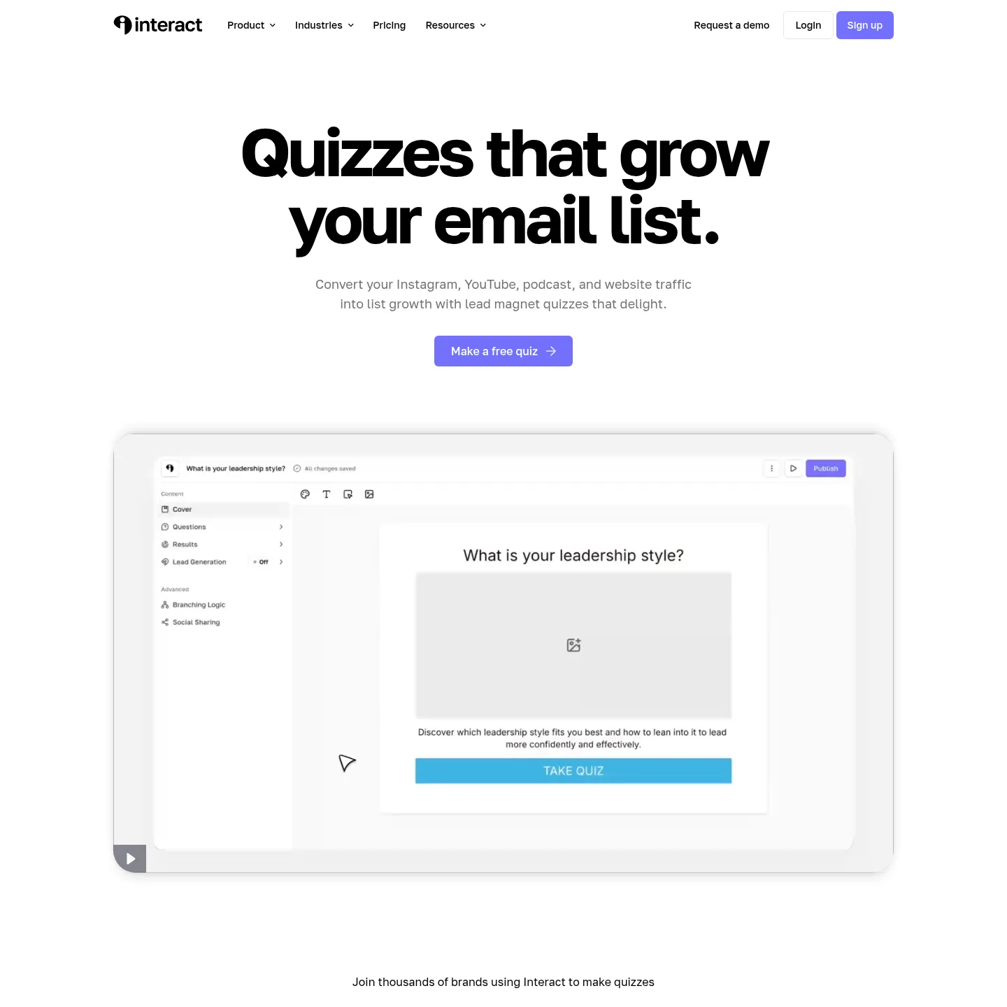 Interact homepage introducing its lead magnet quiz builder