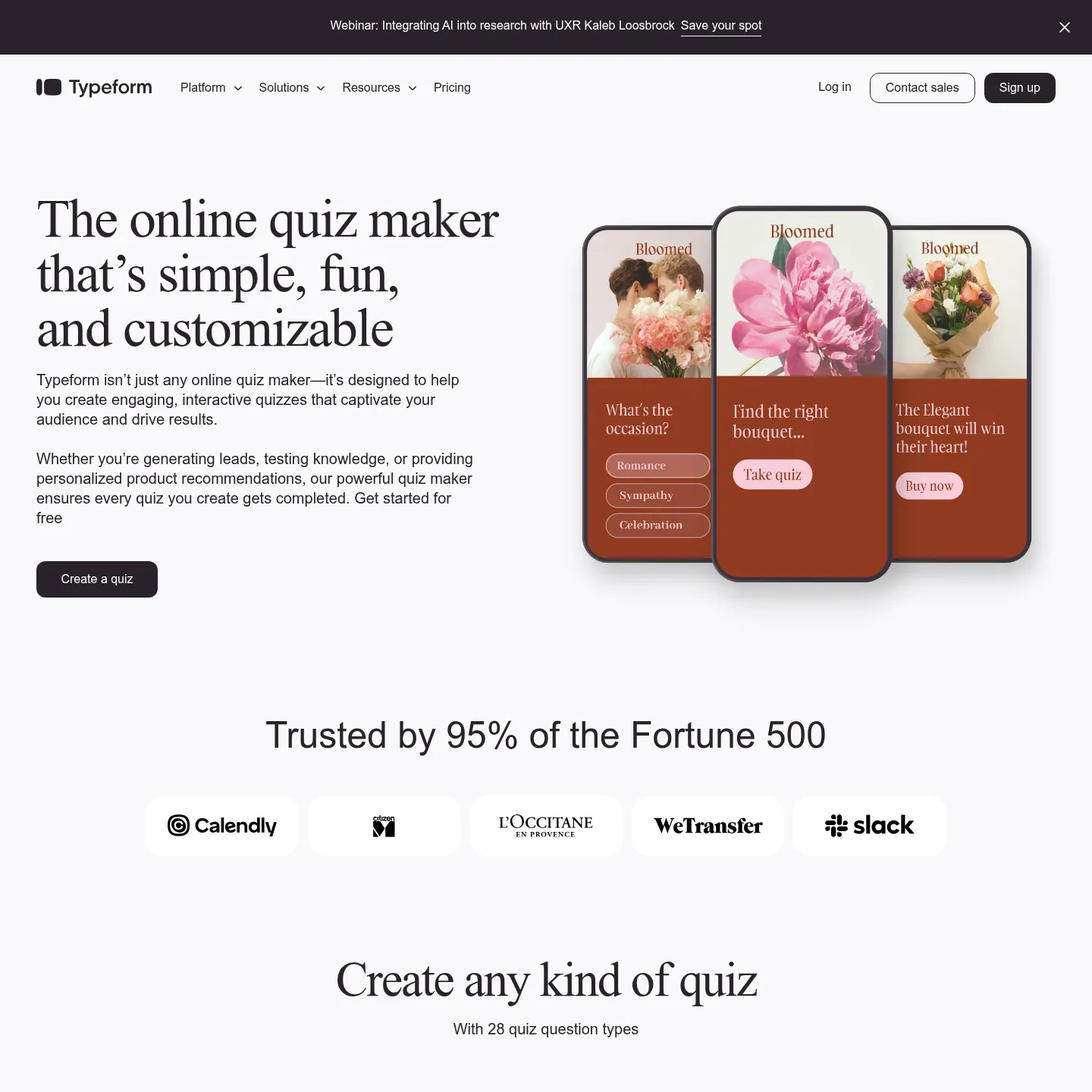 Typeform's public quiz maker page