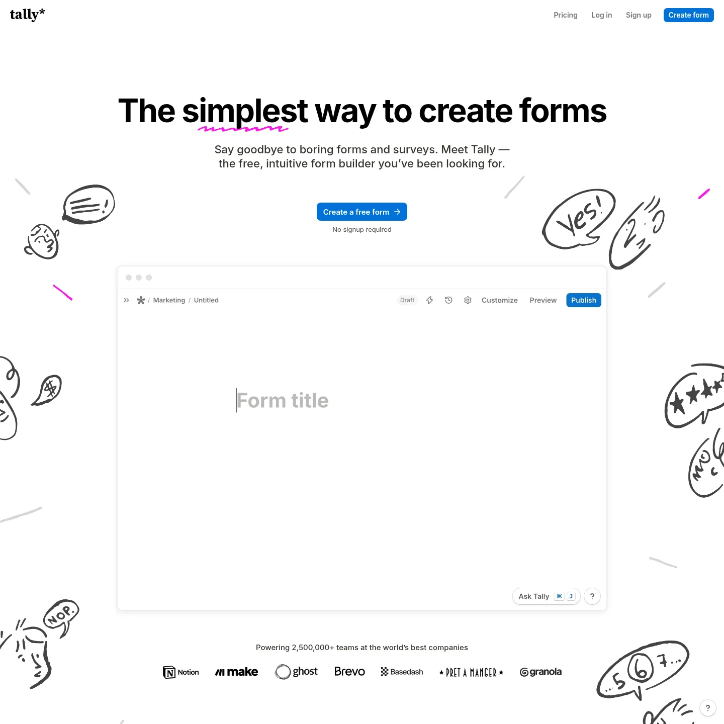 Tally's form builder homepage
