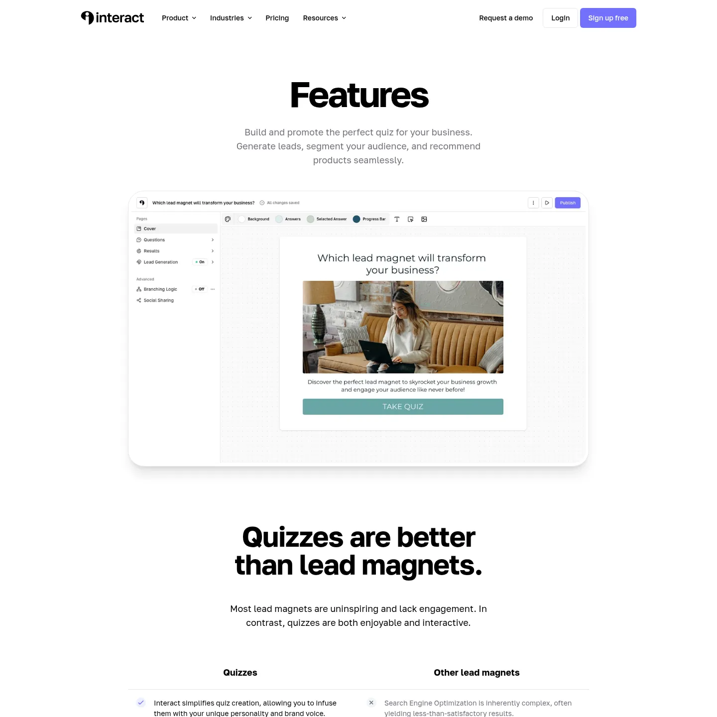Interact features page showing quiz creation and customization